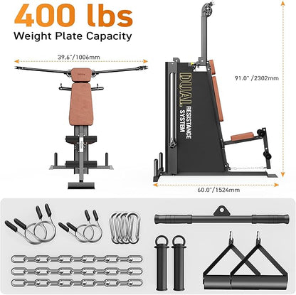 Multi Functional Home Gym Machine, All in One Compact Fitness Station with Pulley System for Shoulder, Leg, LAT Pulldown and Rowing, Space Saving Plate Loaded Strength Training Equipment