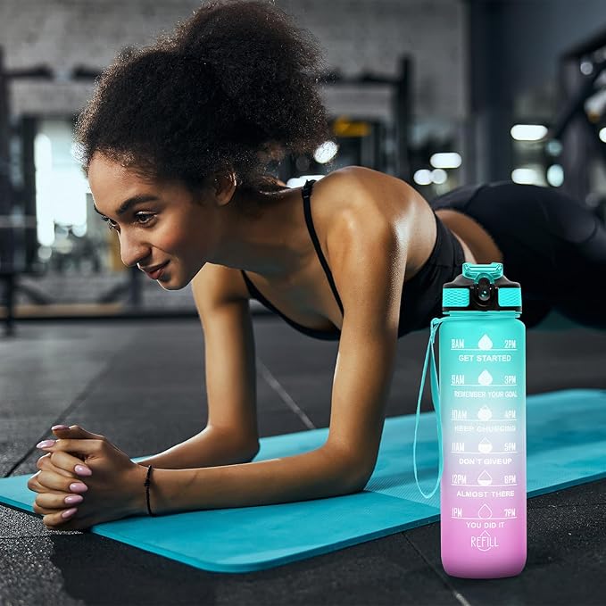 Frosted Style Sports 32 oz BPA Free Water Bottle With Time Marker, Leakproof for Gym Fitness Hiking Bike Camping