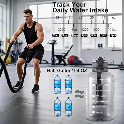 GEMFUL 2 Liter Water Bottle with Time Marker & Handle 64oz Large Motivational Jug for Gym Workouts No Straw Leak Proof BPA Free (Grey)