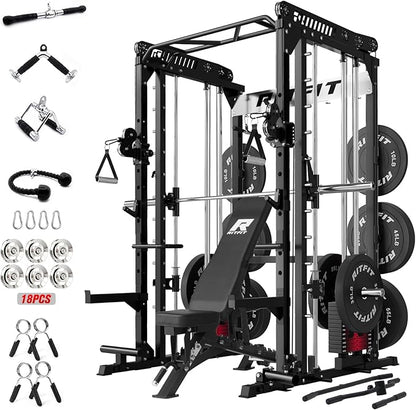 RitFit M1 Pro Smith Machine Package, All-in-One Power Cage with Weight Stack Set, Includes LAT Pulldown & Cable Crossover System for Home Gym