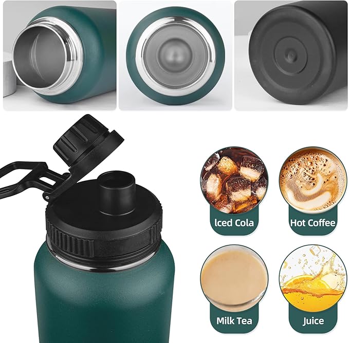 MEZMUT Insulated Water Bottle with Straw&2 Lids 40oz Stainless Steel Water Bottles Metal Water Bottle Double Walled Vacuum Insulated Bottles Thermos Leak-Proof Travel Cup (Gradient Green Black)