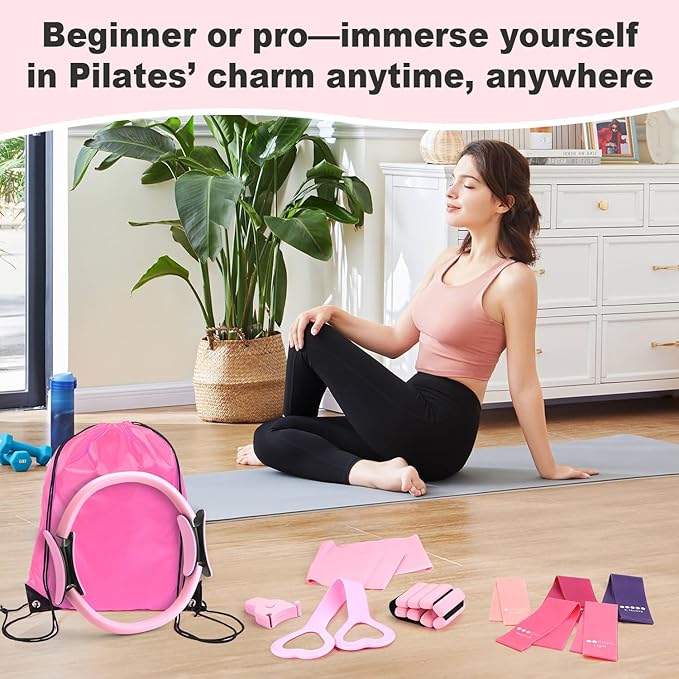 Home Pilates Kit 14 PCS, Pilates Ring and Ball Set with Adjustable Ankle Wrist Weights and Resistance Bands for Women Workout Set, Yoga Essentials Kit Equipment Accessories for Home Workouts