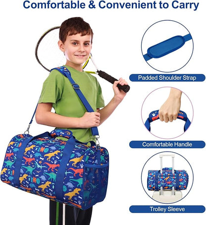 Bagseri Boys Duffle Bag for Travel - Kids Gym & Sports Bag with Shoe Compartment & Water Resistant Wet Pocket, Weekender for Camping & Sleepover (Blue Dinosaur)