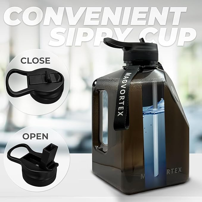 91oz Gym Daily Water Bottle – Large BPA-Free PETG Jug with Magnetic Phone Mount (Plate Included), Leakproof Flip-Top Lid, Wide Mouth for Ice, Straw, Carry Strap, Stable Base, Time Marker