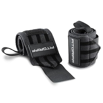 Fitgriff® Wrist Wraps for Weightlifting (18") Heavy-Duty Support for Gym, Bench Press, and Pushups (1 Pair) - for Men and Women (Grey/Black)