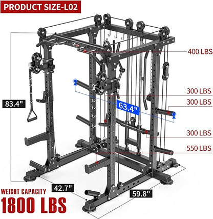 Multi-Purpose Squat Rack,Smith Machine Weight Rack Set with Cable Crossover System, Home Gym Power Racks, Power Racks and Packages