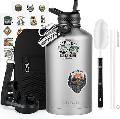 One Gallon Water Bottle Insulated, Triple Wall Vacuum Cold for 48 Hrs & Leak-proof & Non-BPA, 128oz Large Sports Stainless Steel Water Jug with Paracord Handle Straw Spout Lids & DIY Stickers
