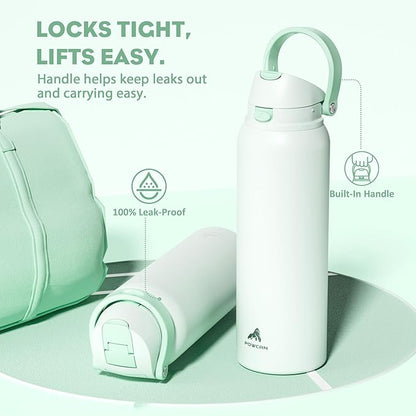 POWCAN 40 oz Metal Water Bottle with Straw for School: One-hand Push Button Lid, Leakproof, Keep Cold 24Hrs, BPA-Free, Insulated Stainless Steel Flask for College, Sports, Gym, Workouts (Mint Green)