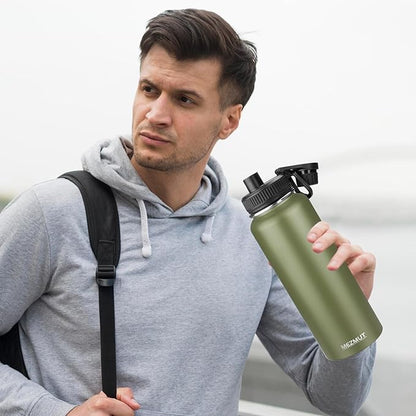 MEZMUT Insulated Water Bottle with Straw&2 Lids 40oz Stainless Steel Water Bottles Sports Metal Water Bottle Double Walled Vacuum Insulated Bottles Cups Leak-Proof Travel Cup (Army Green)