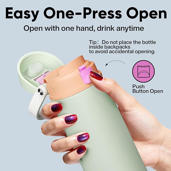 Insulated Water Bottle with Straw - Encool Stainless Steel Water Bottle with Push Button Lid, Leak-Proof & BPA-Free, Keeps Cold for 24 Hours for Sports, Travel, Gym (18 oz, Geyser Green)