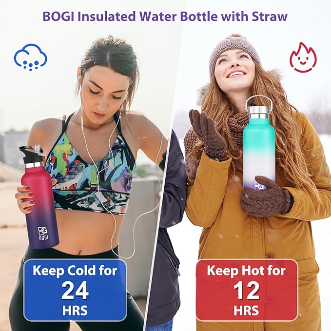 BOGI 20oz Insulated Water Bottle, Wide Mouth Stainless Steel Water Bottles Leakproof Metal Water Bottle with Straw and Handle BPA Free Steel Water Bottle for School Fitness Outdoor Sports-Color1