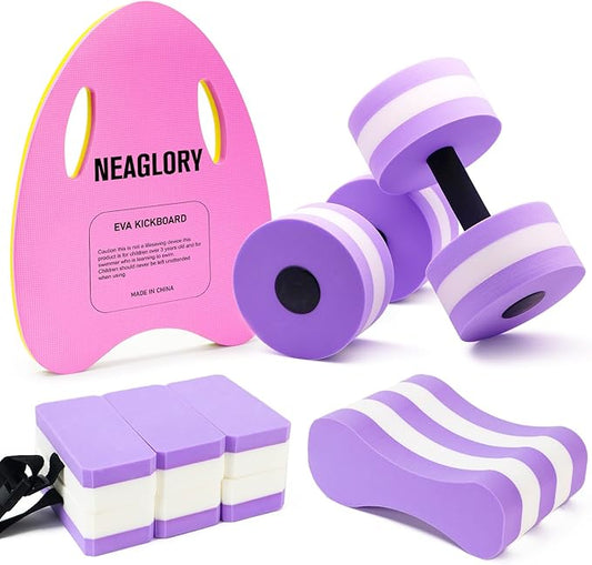 NEAGLORY 5 Pieces Water Aerobics Set, Aquatic Exercise Set Pool Fitness Equipment with Foam Dumbbell, Swim Kickboard, Pull Buoy, Aquatic Swim Belt for Water Workout
