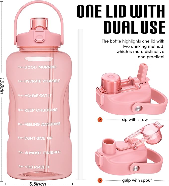 HydroPal 1 Gallon Water Bottles with Straw, 128 oz Water Bottle BPA Free Innovative 2-IN-1 Lid Gym Bottle with Times to Drink Motivational, Large for Sports Fitness Camping Water Jug （13.8X5.5 inch）