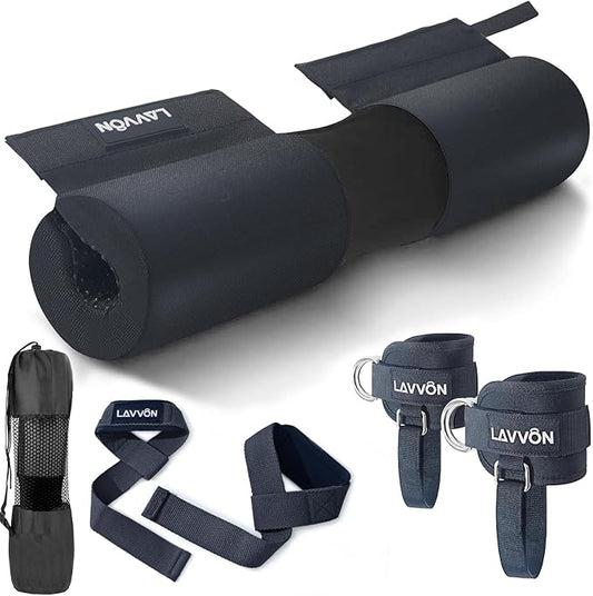 Barbell Squat Pad Set- Nylon Padding AntiSlip- Thick Foam Barbell Pad for Squats Cushion,Lunges&Bar Padding for Hip Thrusts -Standard Olympic Weight Bar Pad (Wrist Straps Weightlifting-Ankle Straps)