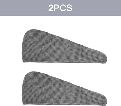 2 Pack Hair Drying Towels, Hair Towel Wrap, Absorbent Microfiber Hair Towel Turban with Button Design to Dry Hair More Quicker, Grey