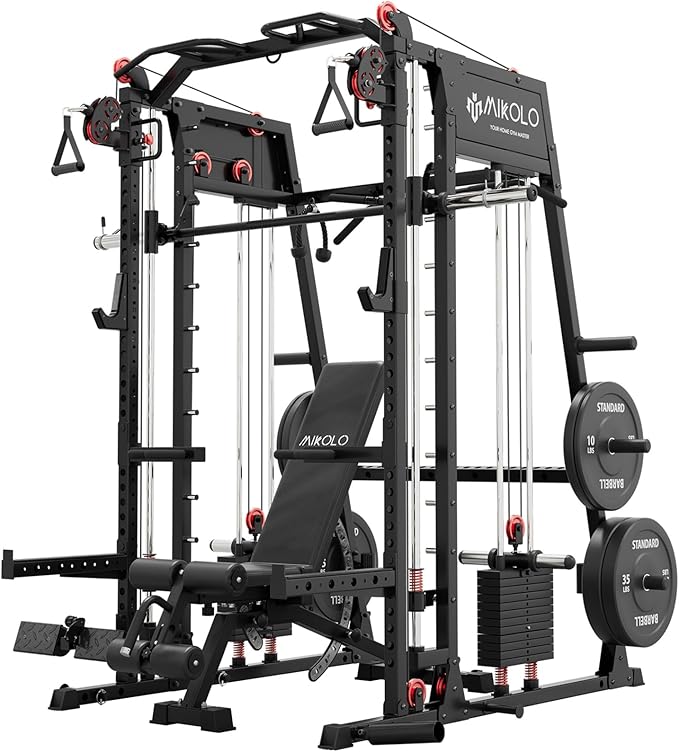 Mikolo M4 2.0 Standard/Ultra/Elite Smith Machine, 2200lbs Squat Rack with LAT-Pull Down System & Cable Crossover Machine, Training Equipment with Leg Hold-Down Attachment