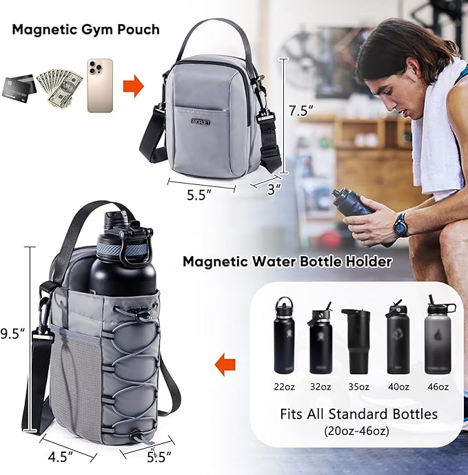 2-Pack Magnetic Gym Bag for Water Bottle & Magnetic Gym Pouch – Bottle’s Holder Fits Up to 46oz Bottles– Sling Water Bottles Bag with Strap for Workout, Tank -Men’s & Women’s Gym Accessories