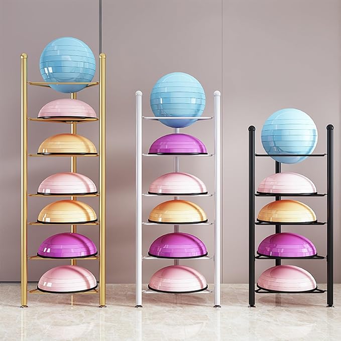 Balance Ball Half Rack 3/5/6/7 Tiers, Iron Half Exercise Balls Holder for Half Ball & Yoga Ball, Home Gym Studios Standing Half Ball Balance Trainer Shelf(White,6 Layer - 63in)