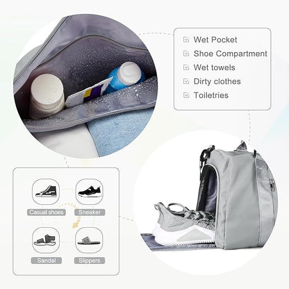 Gym Bag for Women Men with Shoes Compartment,Sports Duffle Bag Personal item travel Duffel Bags Tote Bag Small Carry on Weekender Overnight Bag Workout Dance Bag Hospital Holdalls Grey