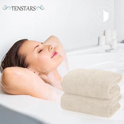 TENSTARS Silk Hemming Bath Towels for Bathroom Clearance - 27 x 55 inches - Light Thin Quick Drying - Soft Microfiber Absorbent Towel for Bath Fitness, Sports, Yoga, Travel, Gym - 2 Pack, Cream