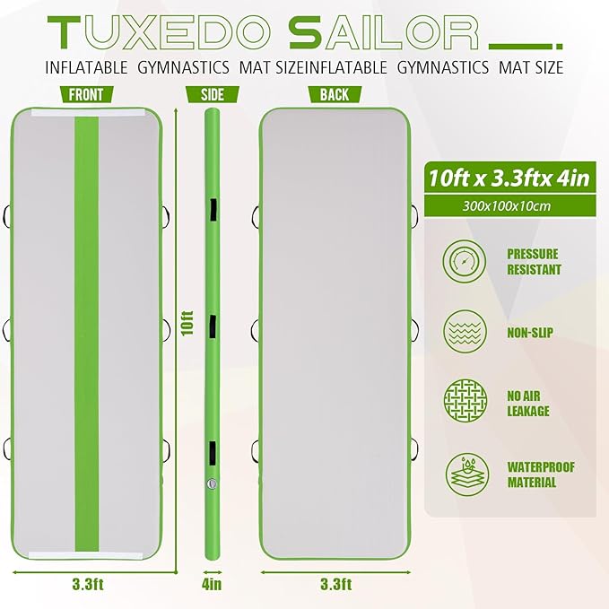 Tuxedo Sailor Inflatable Gymnastics Mat with Electric Pump, Storage Bag, Repair Kit–Air Mat for Home Training, Cheerleading, Yoga