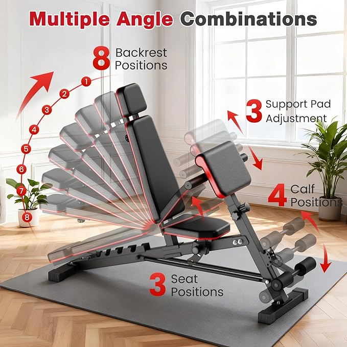 ALSO GO Adjustable Weight Bench, Workout Benches with Leg Extension & Extended Headrest, Foldable Incline Decline Bench Press, Roman Chair, Full Body Strength Training Equipment for Home Gym