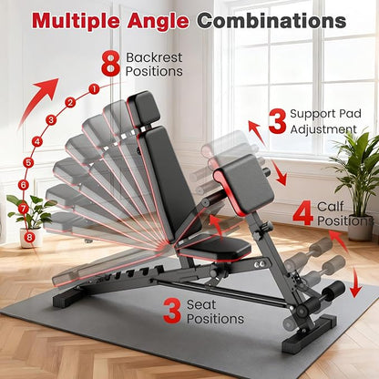 ALSO GO Adjustable Weight Bench, Workout Benches with Leg Extension & Extended Headrest, Foldable Incline Decline Bench Press, Roman Chair, Full Body Strength Training Equipment for Home Gym