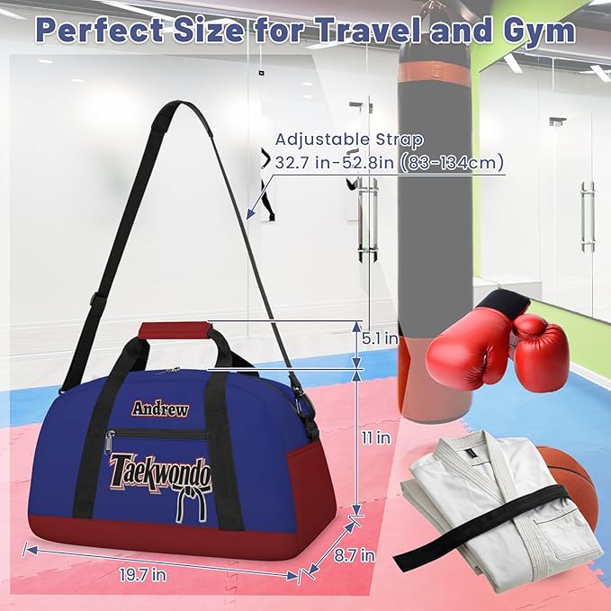 Custom Name Taekwondo Karate Duffle Bag for kids Boy Girls - Personalized Martial Arts Gear Bag, Water-Resistant Sparring Equipment Bag, Taekwondo Navy Red