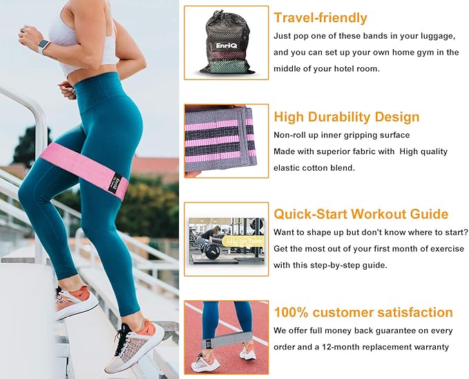 EnriQ Booty Bands Fabric Resistance Bands for Legs and Butt - Non Slip Cloth Hip Bands Elastic Workout Bands - Activate Glutes and Thighs - Made of Premium Elastic Fabric