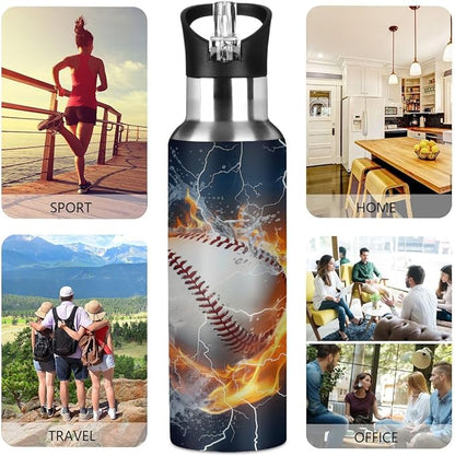 Baseball Vacuum Insulated Water Bottle Stainless Steel Kids Sport Mug with Straw Lid Wide Mouth Leakproof BPA Free for Bike Running Walking Outdoor 20 Oz