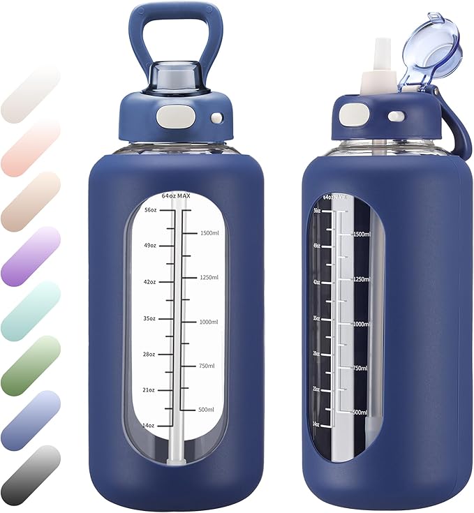 SIEROZUR 42 oz Glass Water Bottle with Straw and Handle Half Gallon Large Water Bottle with Silicone Sleeve and Time Marker Sports Water Jug Wide Mouth for Travel Gym