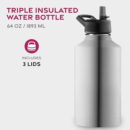 FineDine Water Bottle - Stainless Steel Insulated Water Bottle with Straw Lid, Flip Lid & Wide-Mouth Cap - Keeps Hot and Cold - 64 Oz / 1.89L - Brushed Stainless Steel
