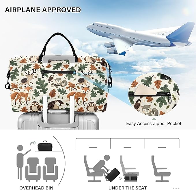 Weekender Bags Travel Duffel Gym Bag Animals Fox Deer Woodland Forest Hedgehog Carry on Overnight Tote Bag with Toiletry Bag for Airplane Travel Trip Gym Yoga