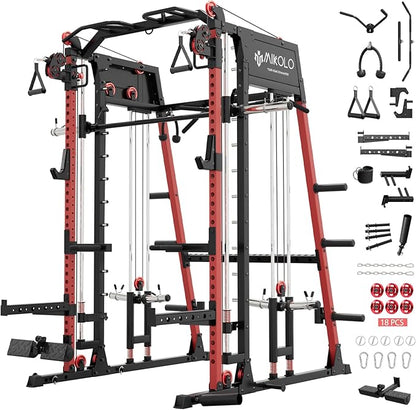 Mikolo M4 2.0 Smith Machine, 2200lbs Squat Rack with LAT-Pull Down System & Cable Crossover Machine, Training Equipment with Leg Hold-Down Attachment