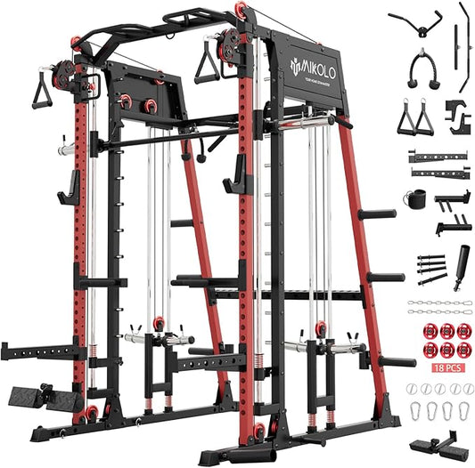 Mikolo M4 2.0 Smith Machine, 2200lbs Squat Rack with LAT-Pull Down System & Cable Crossover Machine, Training Equipment with Leg Hold-Down Attachment