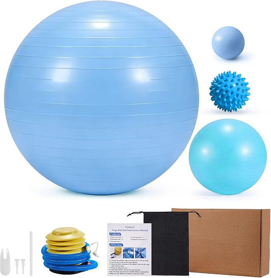 4Pcs Yoga Ball Set includes Large and 9in Pilates Balls, Massage & Spiky Ball for Fitness ,Anti-Burst Exercise Ball with Pumb for Pregnancy,Physical Therapy,Office Chair, Home Workout,3Sizes,3Colors