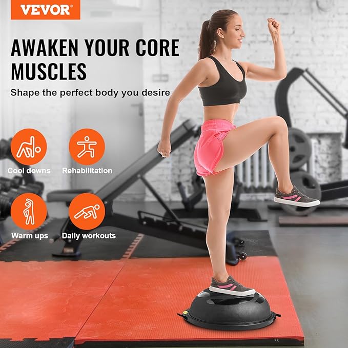 VEVOR Half Exercise Ball Trainer, 23/26 inch Balance Ball Trainer, 1500lbs Capacity Stability Ball, Yoga Ball with Resistance Bands & Foot Pump, Strength Fitness Ball for Home Gym Full Body Workout