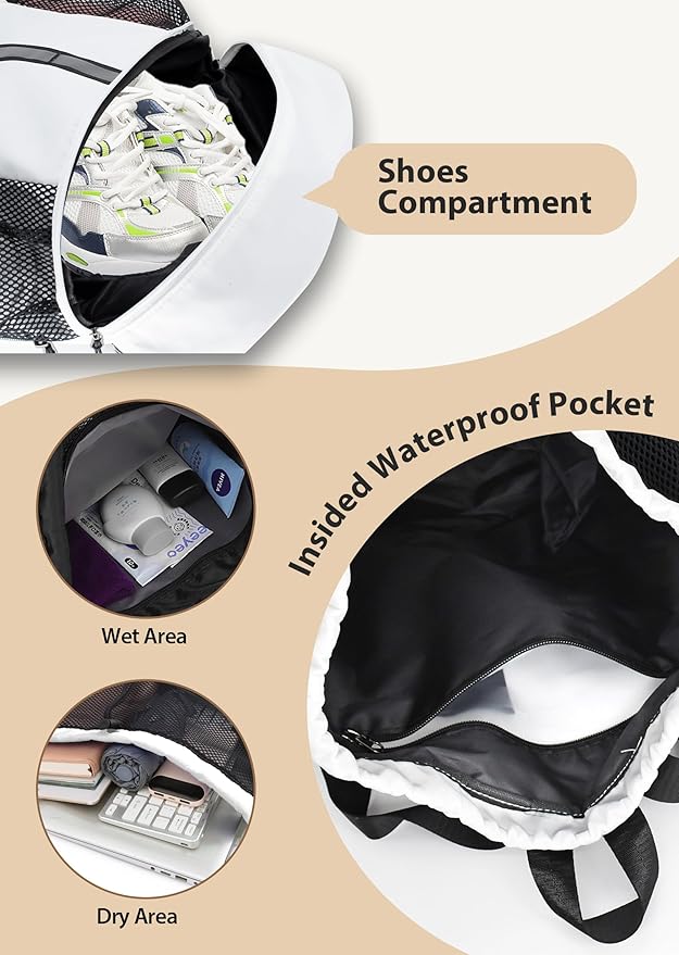 U.helper Waterproof Gym Drawstring Backpack, Sports Sack with Shoes Compartment & Wet Pockets for Ball/Beach/Swim Training