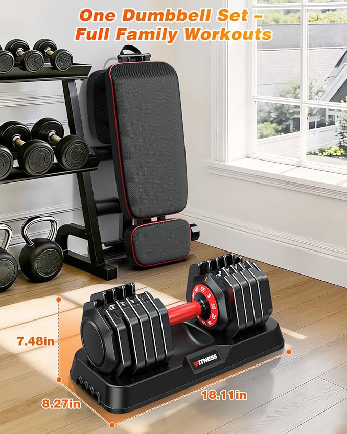 XDDIAS Adjustable Dumbbell Set of 2, 25/55/80/90LB Dumbbell Set- 1-Hand Fast Adjustment with Anti-Slip Handle, Compact Free Weights Dumbbells Set for Men/Women Home Gym Strength Training Equipment