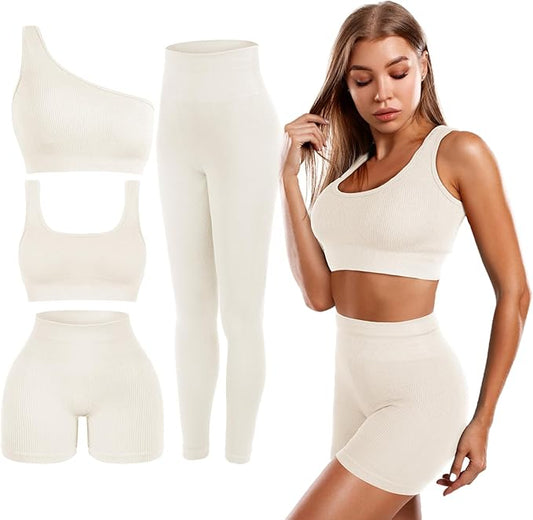 4 Pcs Women's Workout Sets Pilates Exercise Outfit Ribbed Scoop Neck Sports Bra Shorts Leggings Gym Clothes Set