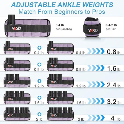 VBSD Adjustable Ankle Weights for Men Women, 2 4 6 8 10 lbs 1 Pair Leg Weight Straps, Weighted Ankle Weight Set with Removable Sandbags for Walking Running Yoga Physical Therapy Gym Home Workout