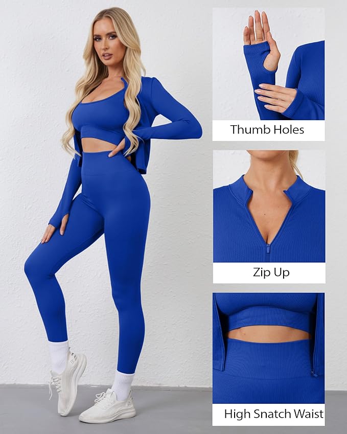 Women 3 Piece Seamless Workout Set Sports Bra High Waisted Gym Yoga Leggings Zip Up Jacket with Thumbhole Activewear