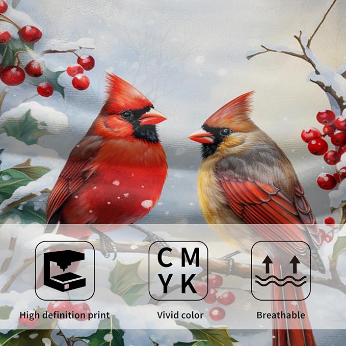 Winter Red Bird Hand Towels Pack of 2 Sweet Couple Cardinal Fingertip Towels Birds Holly Berry Branches Snow Christmas Holiday Bathroom Towels Soft Fast Drying Face Towel for Kitchen Spa Gym