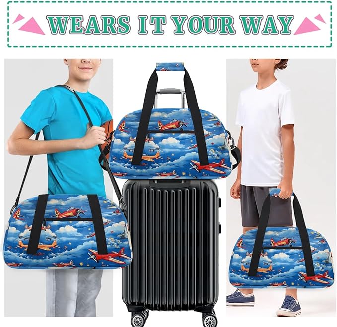 Airplane Kids Duffel Bag for Boys, Aircraft Clouds Sports Gym Bag Overnight Travel Weekender Bag Lightweight Carry On Sleepovers Bag for School Practice Gymnastics