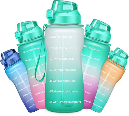 Gallon Motivational 64/100 oz Water Bottle with Time Marker & Straw, Large Daily Water Jug for Fitness Gym Outdoor Sports, Remind of All Day Hydration, Leak Proof, BPA Free (ombre green, 64oz)