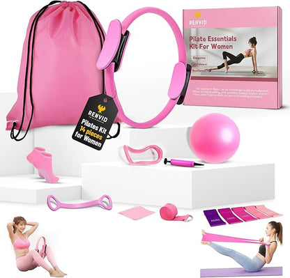 Pilates Ball and Ring Set for Women - 14-Piece At Home Pilates Kit with 12-Inch Magic Circle, 5 Resistance Bands, Home Workout Equipment for Full Body Training (Pink)