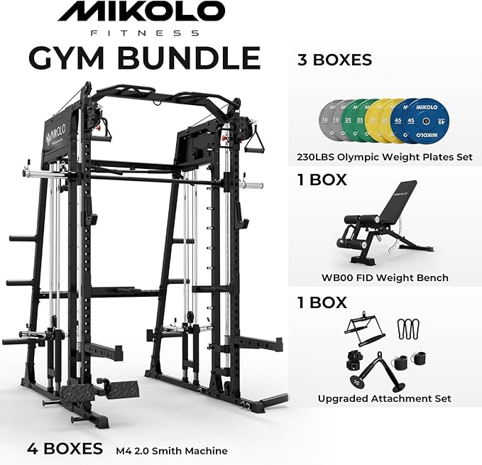 Mikolo M4 2.0 Smith Machine, 2200lbs Squat Rack with LAT-Pull Down System & Cable Crossover Machine, Training Equipment with Leg Hold-Down Attachment