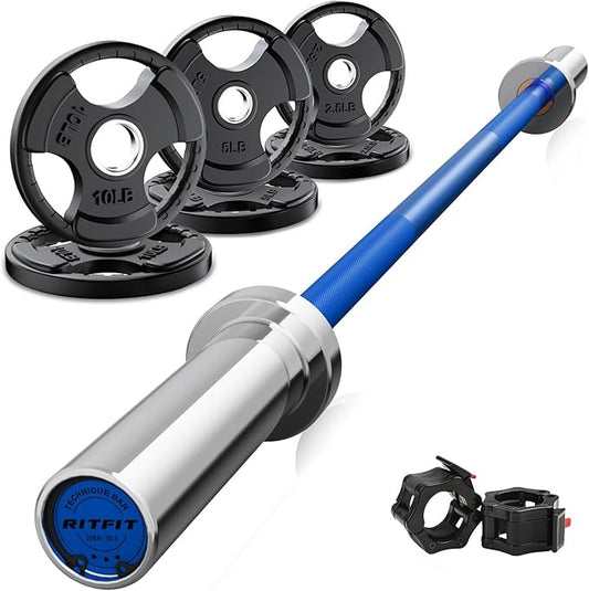 RitFit Barbell Weight Set - 4/6FT Olympic Barbell with Weight Plates (55-115LB Total) - Weightlifting Equipment for Squats, Curls, Deadlifts, Presses, Hip Thrusts