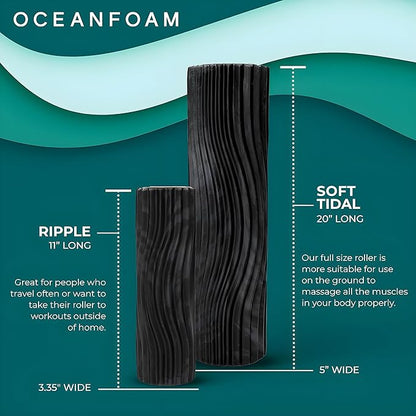 Oceanfoam Soft Tidal Roller (Black & Charcoal Marbled) - Low Density Foam Roller for Physical Therapy, Back Pain, Exercise & Stretching - Wave Textured - Yoga & Wellness - Full Size, 20" x 5"