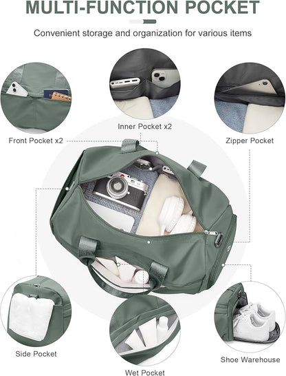 Gym Bag for Women Men, Sport Duffel Bag with Toiletry Bag & Shoe Compartment,Waterproof Travel Weekender Overnight Carry on Bag for Yoga with Trolley Sleeve, Green Set
